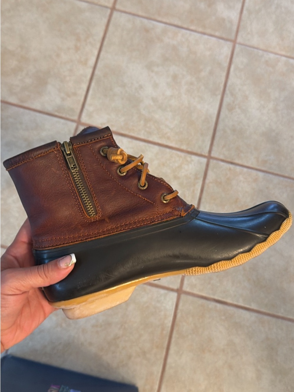 Sperry Brown Leather and Black Rubber Duck Boots with Tan Laces